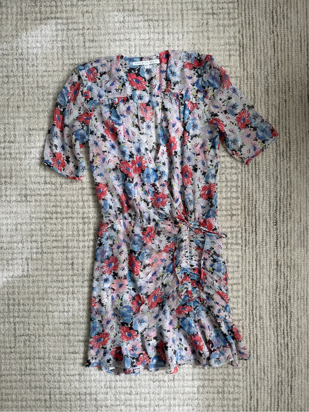 Veronica Beard Floral Wrap Midi Dress in Pink & Blue